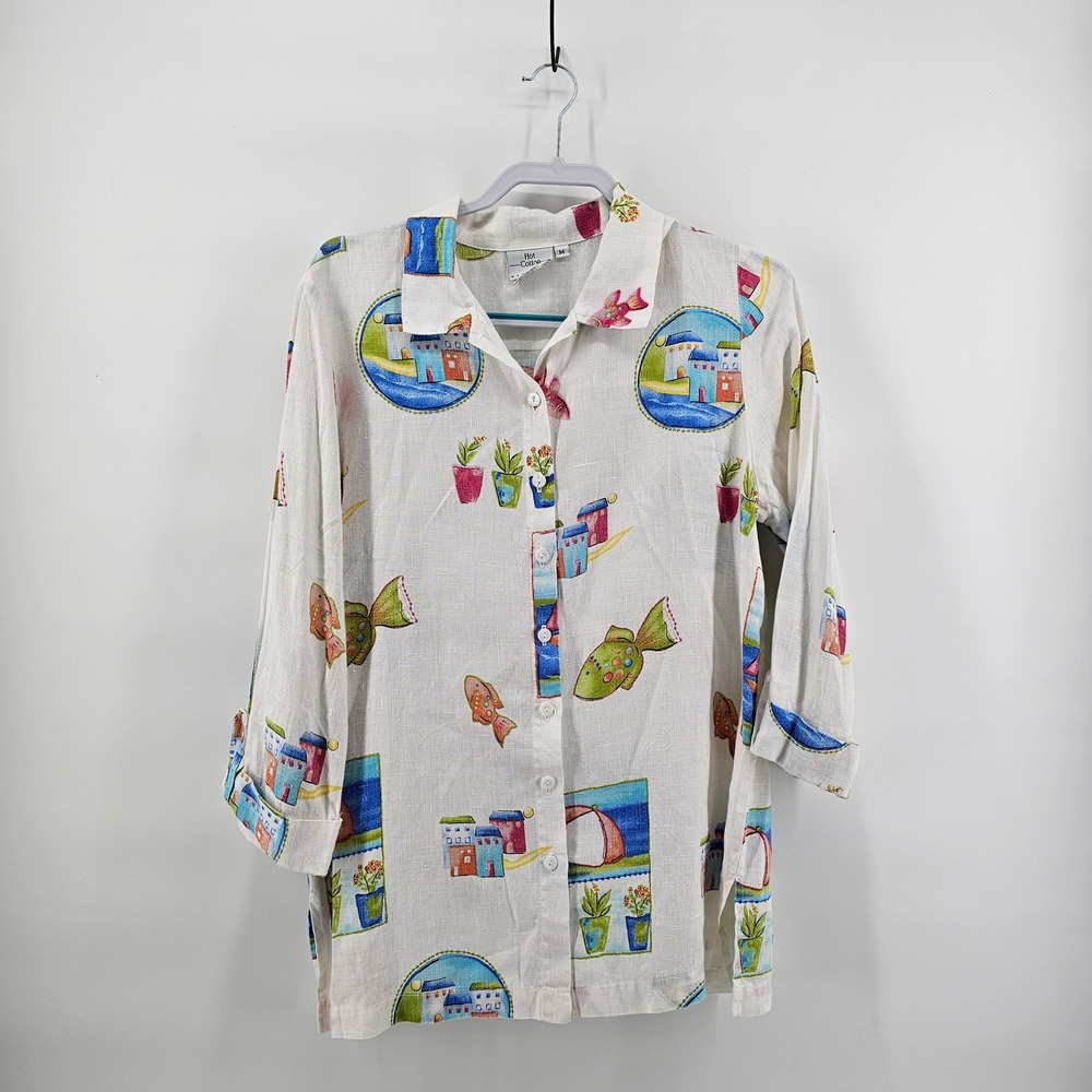 Hot Cotton Marc Ware 100% Linen Coastal Novelty Print Shirt White Womens Medium